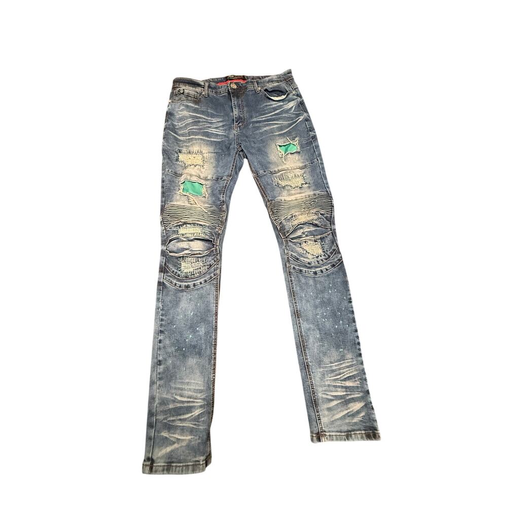 Switch Remarkable Men's Slim Taper Fit Biker Distressed Blue Denim Jeans 36x32